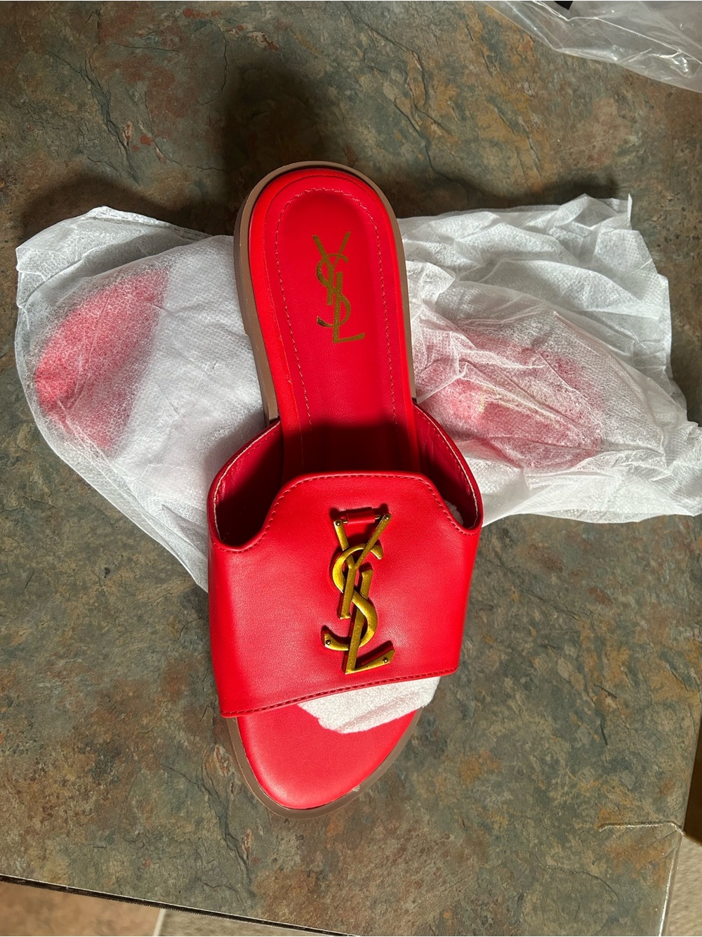 Yves Saint Laurent Red Leather Slide with Gold YSL Logo